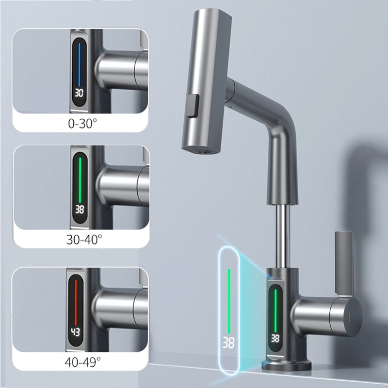 Waterfall Temperature Digital Display Basin Faucet Lift Up Down Stream Sprayer Hot Cold Water Sink Mixer Wash Tap For Bathroom StoreToBuyNow